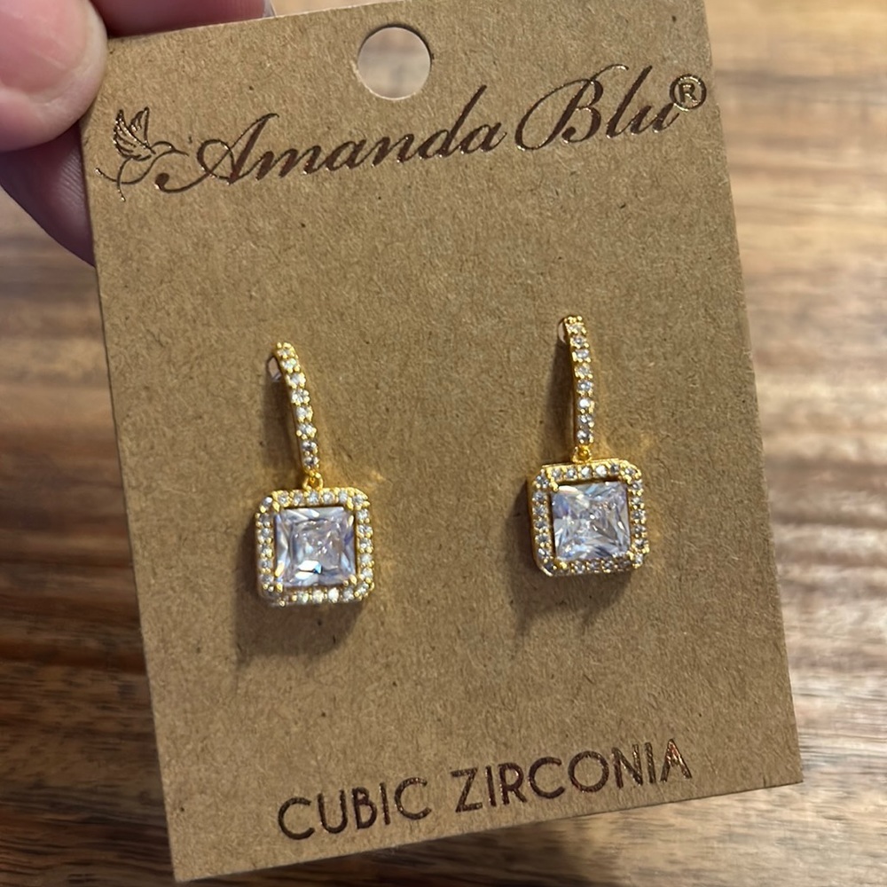 Gold square halo drop earrings